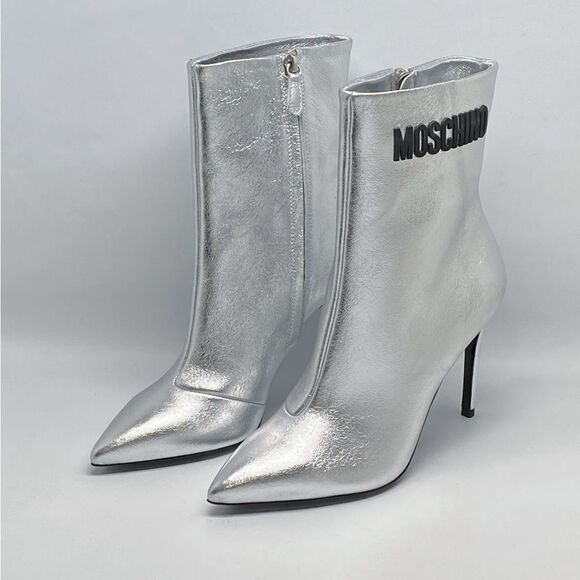 Moschino Logo-Detailed Metallic Leather High-Heel Booties size 38 - Picture 9 of 15